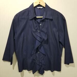 Lorenzini Blouse Womens IV Blue Collared 3/4 Sleeve Ruffle Front Button Up Italy